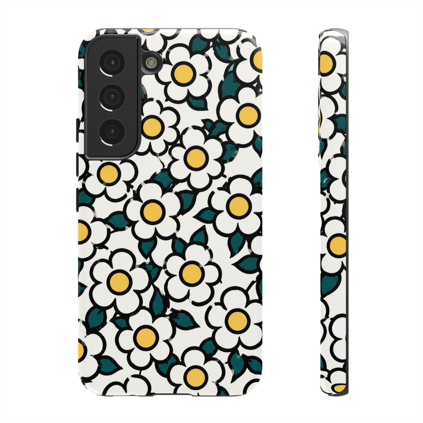 Floral Daisy Tough Phone Case — Retro White & Yellow Protective Cover