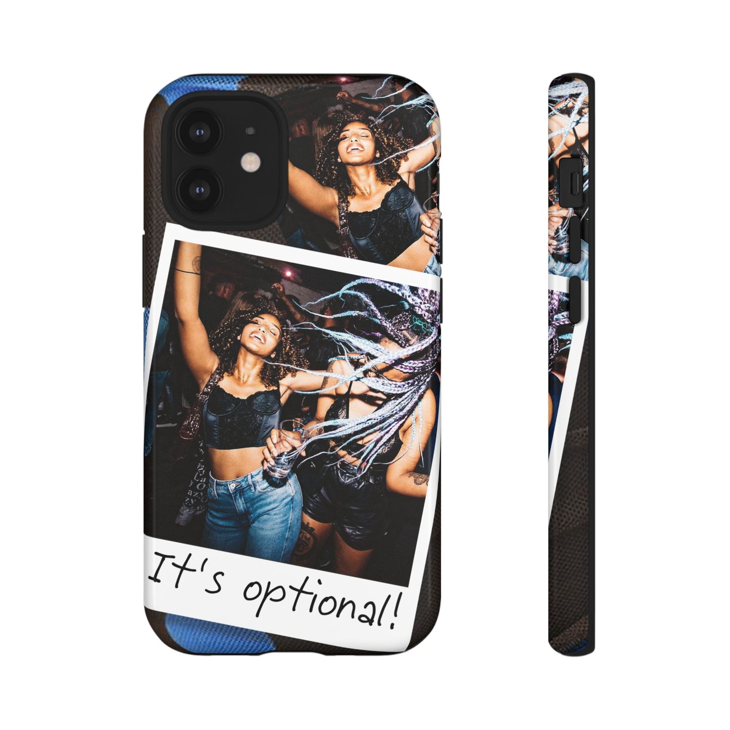 Two Image Personalised Polaroid Photo on Blue Polka Dot Protective Tough Case for Apple iPhone, Samsung Galaxy and Google Pixel.