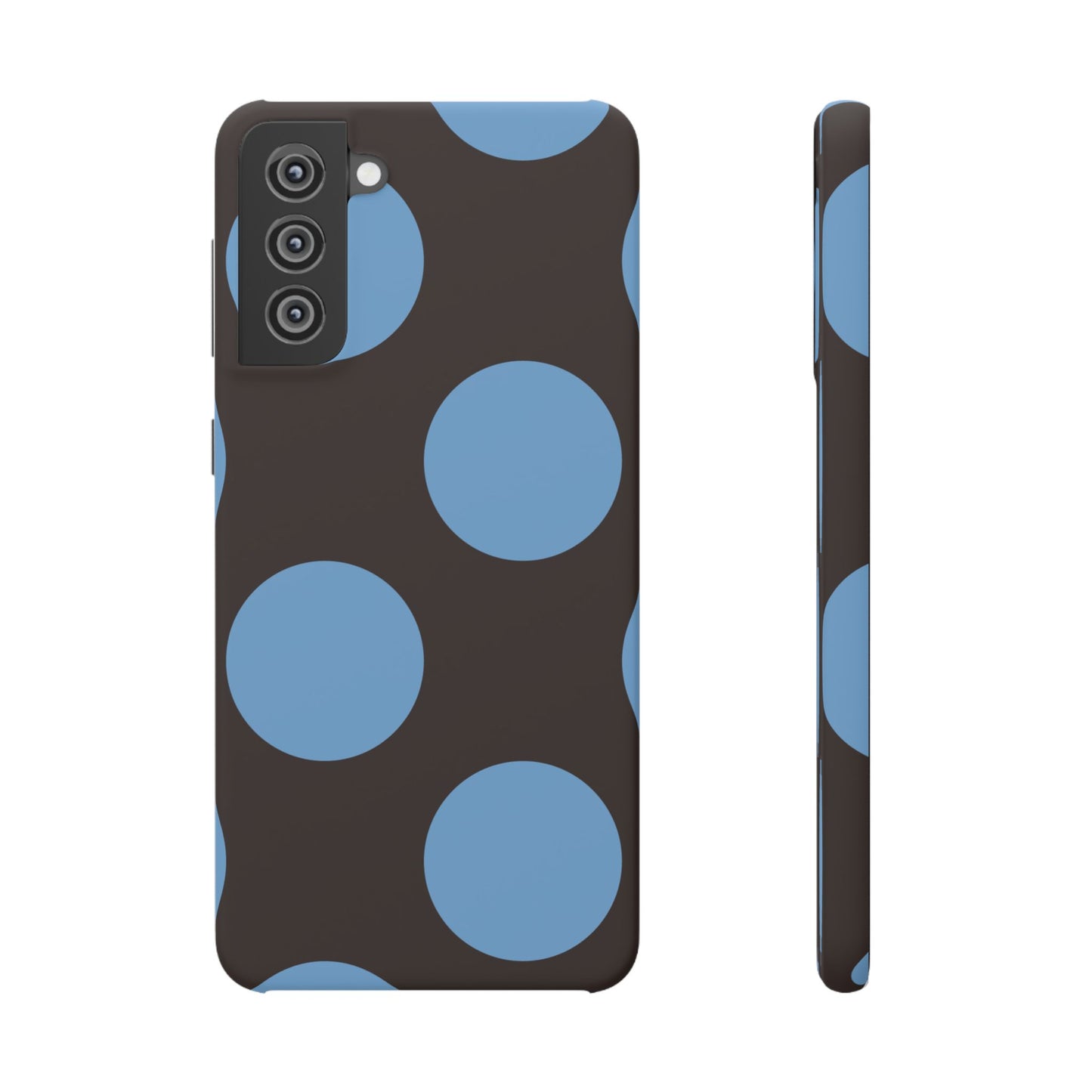 Matte Black with Large Sky Blue Polka Dots Slim Phone Case for Apple iPhone, Samsung Galaxy and Google Pixel.