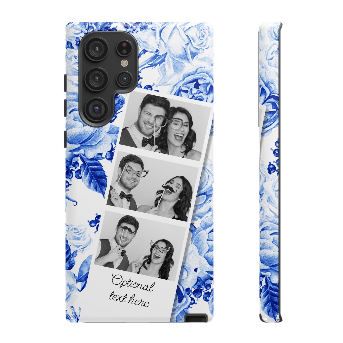 Three Photo Personalised Blue Floral Image Strip Custom Phone Case