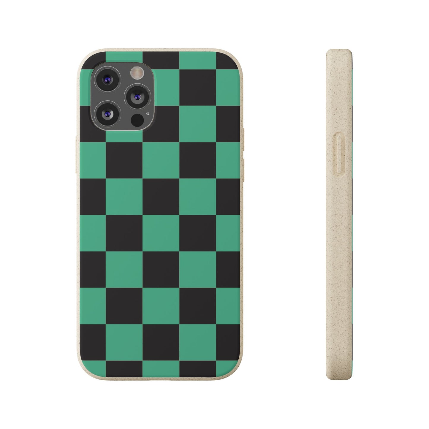 Biodegradable Checkerboard Phone Case — Green & Black Tanjiro Eco Smartphone Cover for Apple iPhone and Samsung Galaxy.