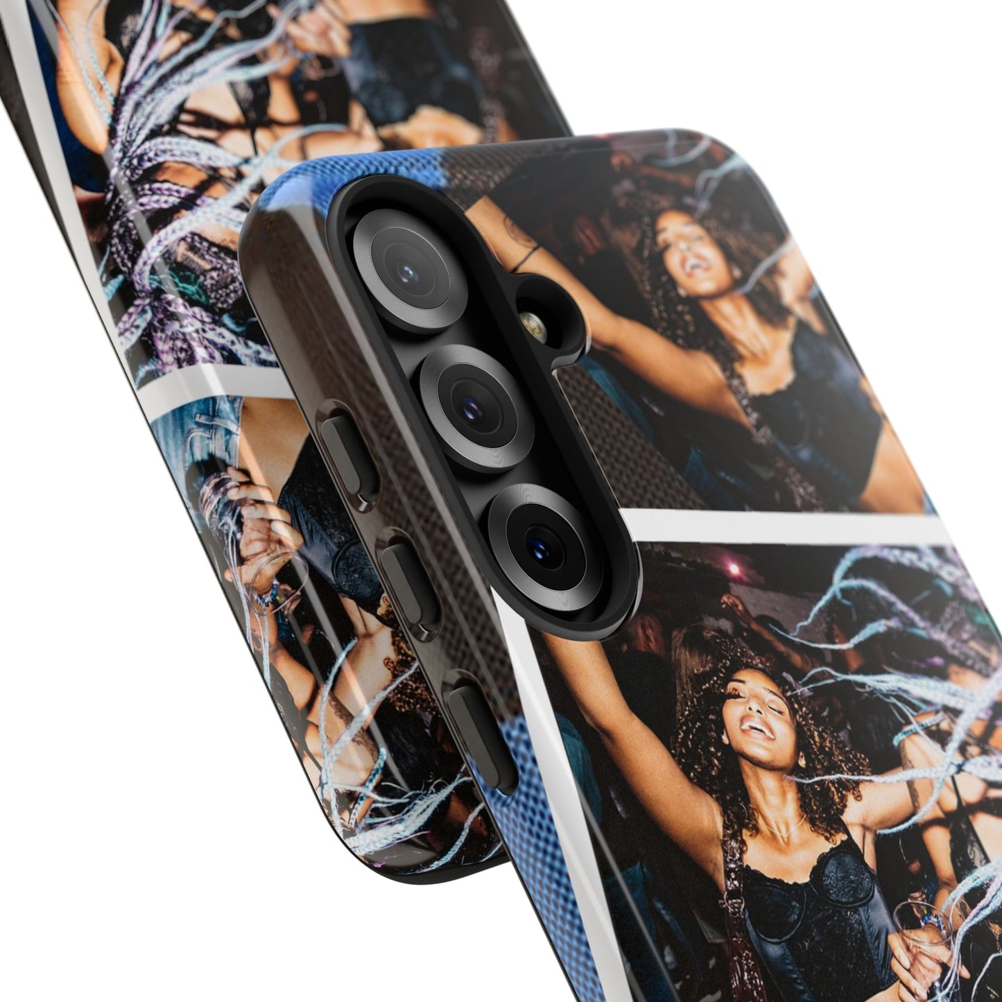 Two Image Personalised Polaroid Photo on Blue Polka Dot Protective Tough Case for Apple iPhone, Samsung Galaxy and Google Pixel.