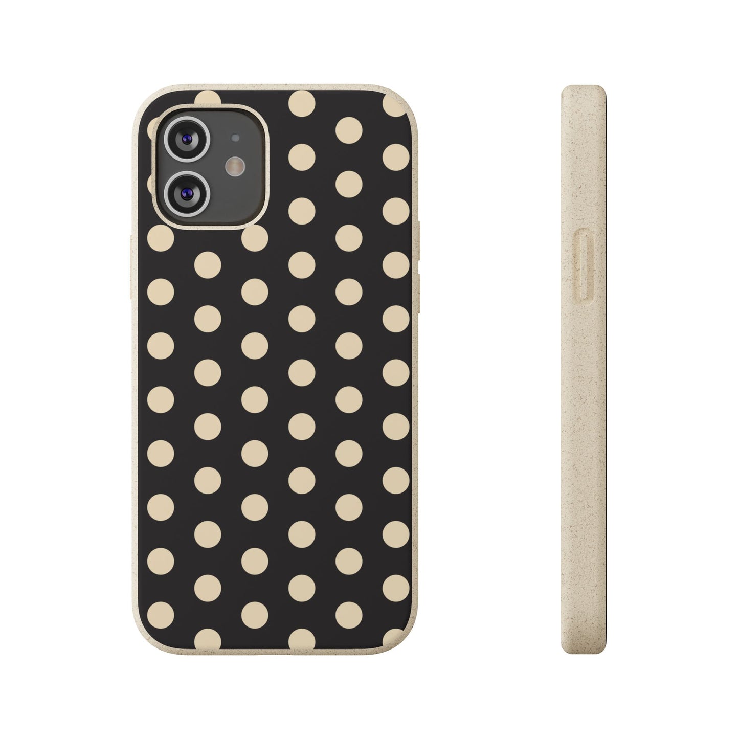 Eco-Friendly Black & Cream Polka Dot Pattern Biodegradable Phone Case for Apple iPhone and Samsung Galaxy.