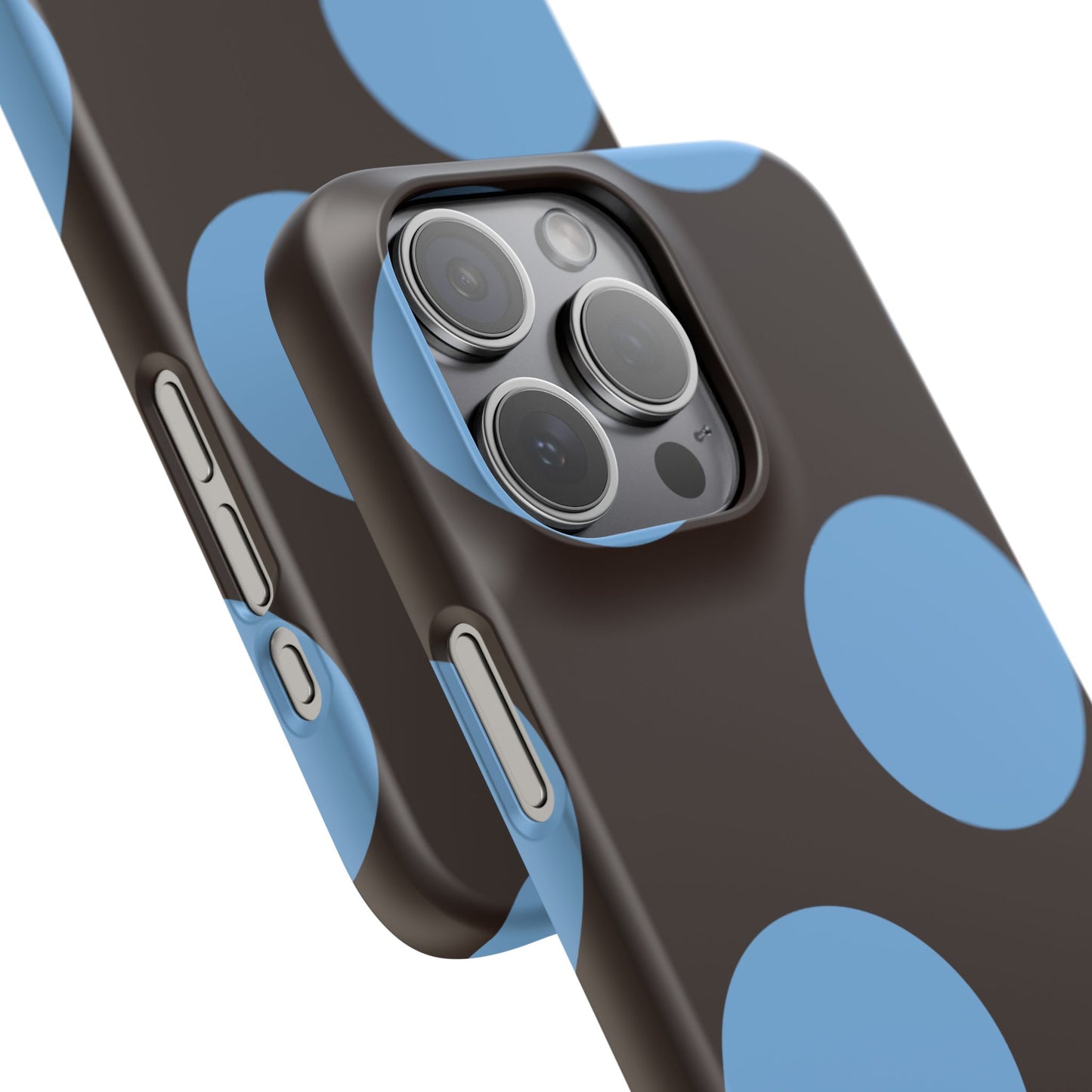 Matte Black with Large Sky Blue Polka Dots Slim Phone Case for Apple iPhone, Samsung Galaxy and Google Pixel.
