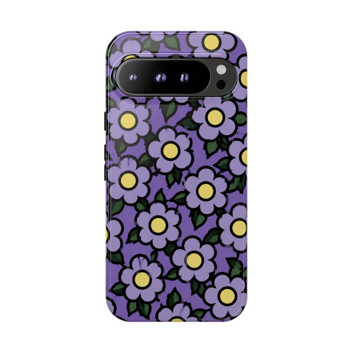 Purple Floral Tough Phone Case — Durable Protective Phone Cover with Cute Daisy Pattern