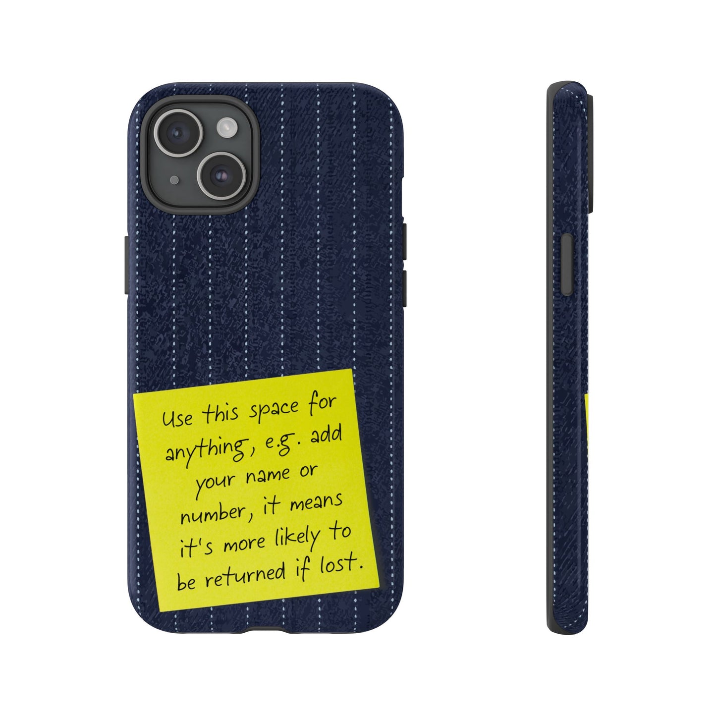 Navy Pinstripe Design with Yellow Sticky Note Personalised Tough Phone Case for Apple iPhone, Samsung Galaxy and Google Pixel.