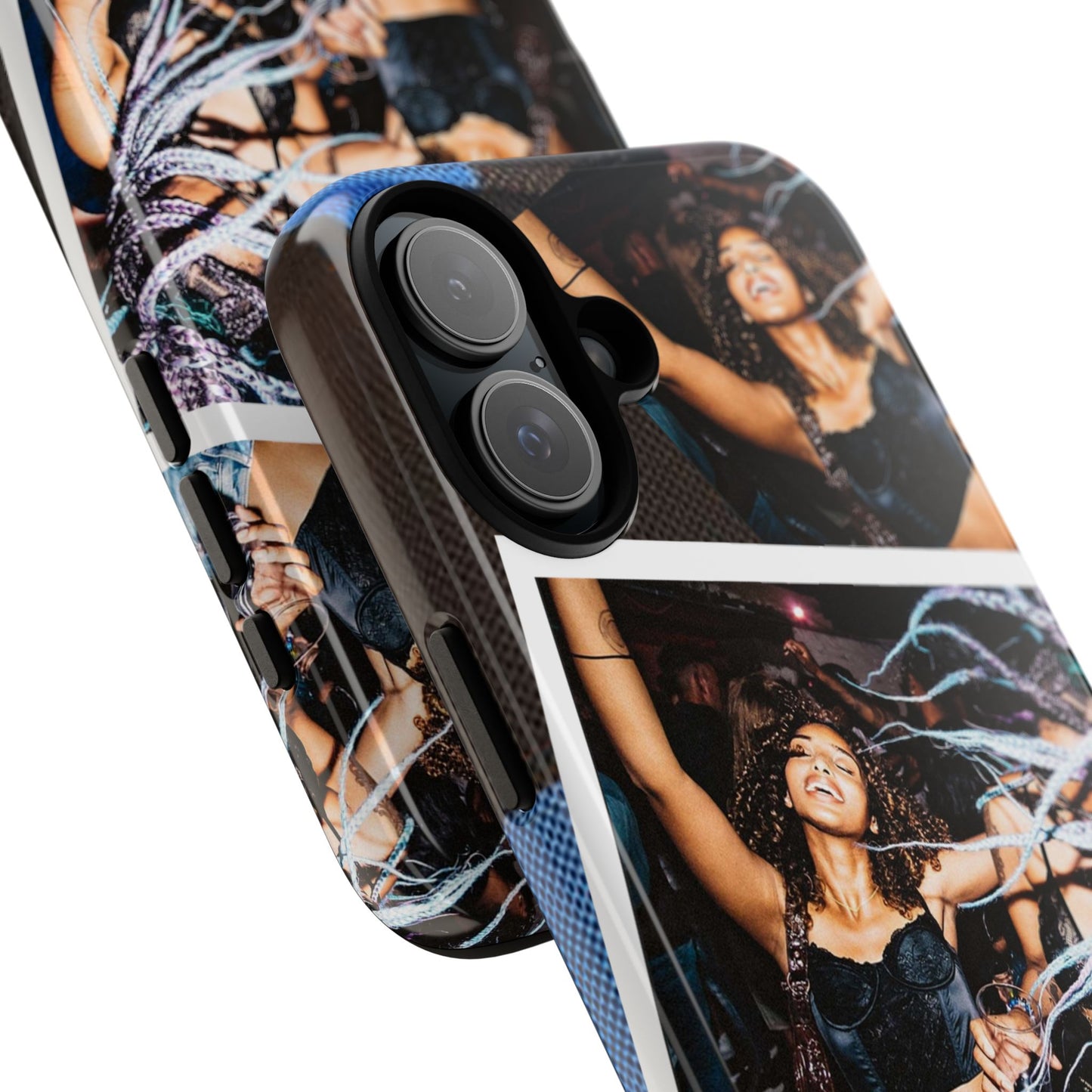Two Image Personalised Polaroid Photo on Blue Polka Dot Protective Tough Case for Apple iPhone, Samsung Galaxy and Google Pixel.