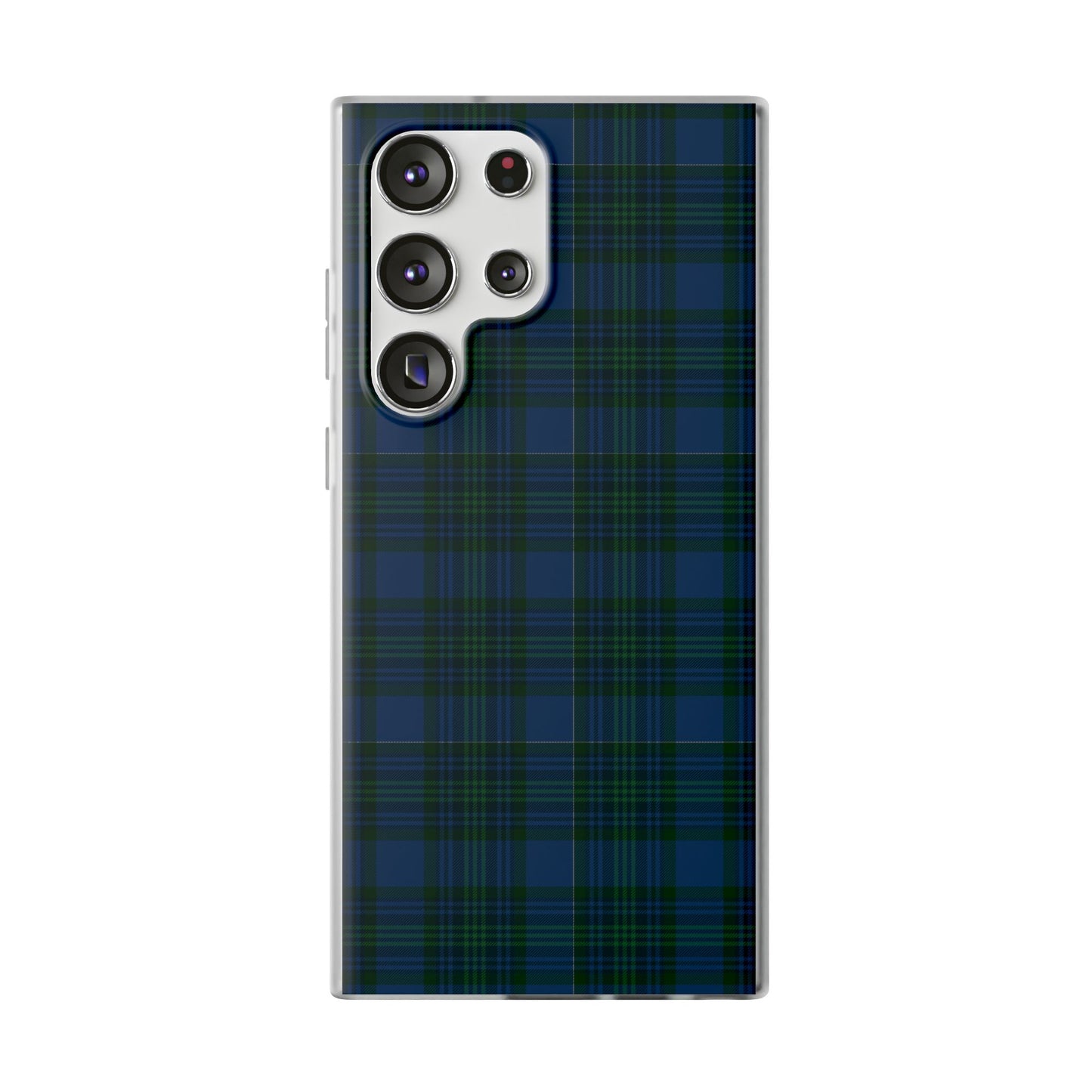 Navy green tartan phone case with flexible plaid design, slim shock-absorbing TPU, semi-transparent matte finish