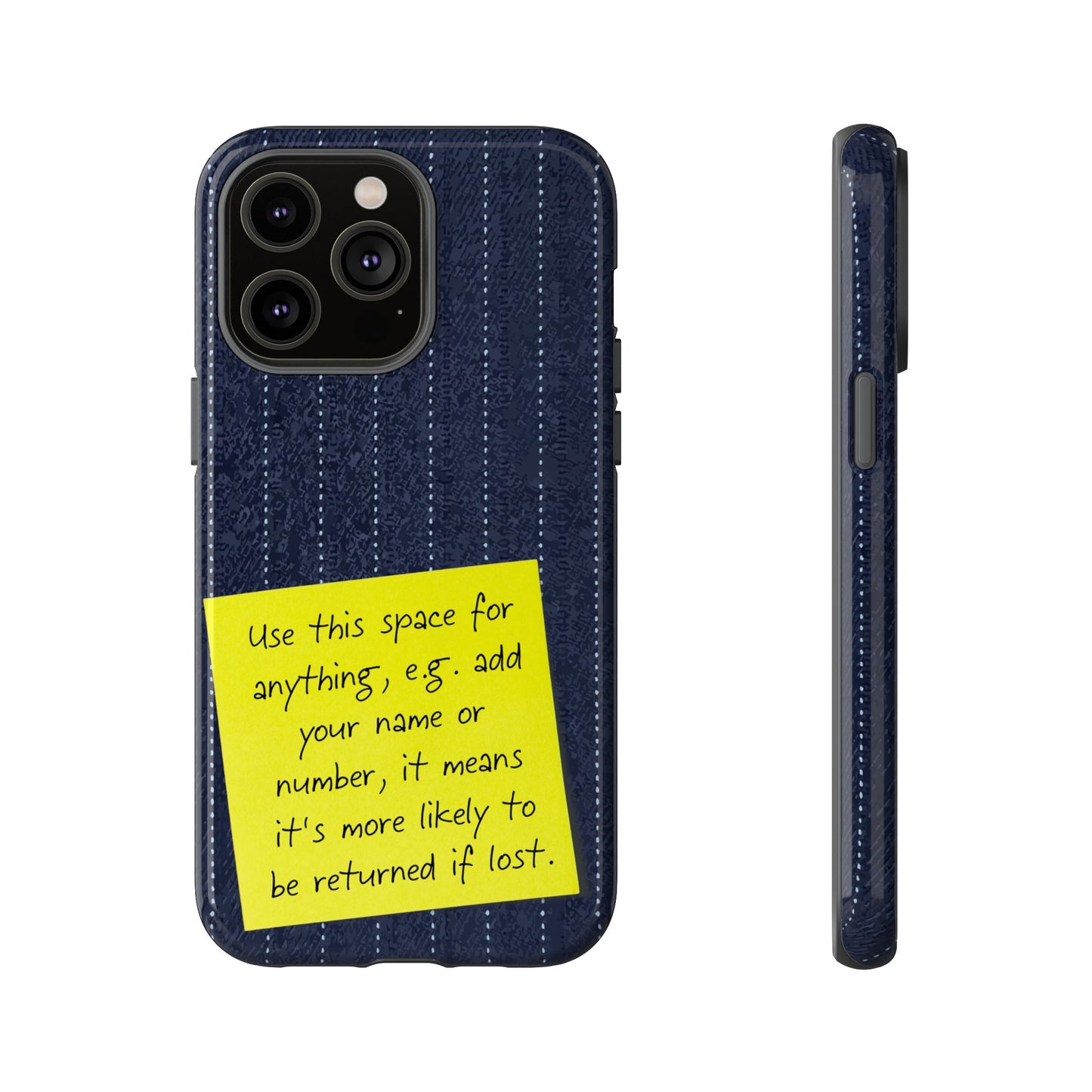 Navy Pinstripe Design with Yellow Sticky Note Personalised Tough Phone Case for Apple iPhone, Samsung Galaxy and Google Pixel.