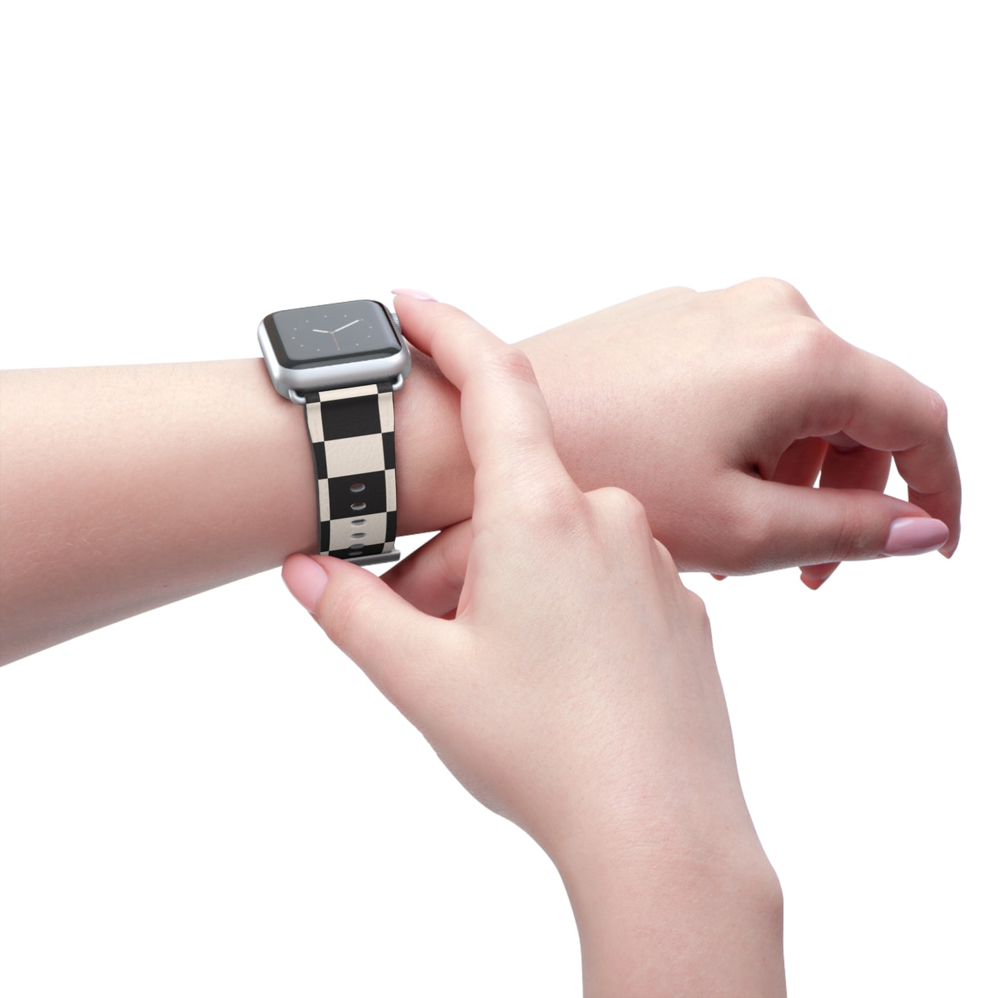 Apple Watch band in black and ivory chequered faux-leather, classic accessory for men and women, stainless steel buckle