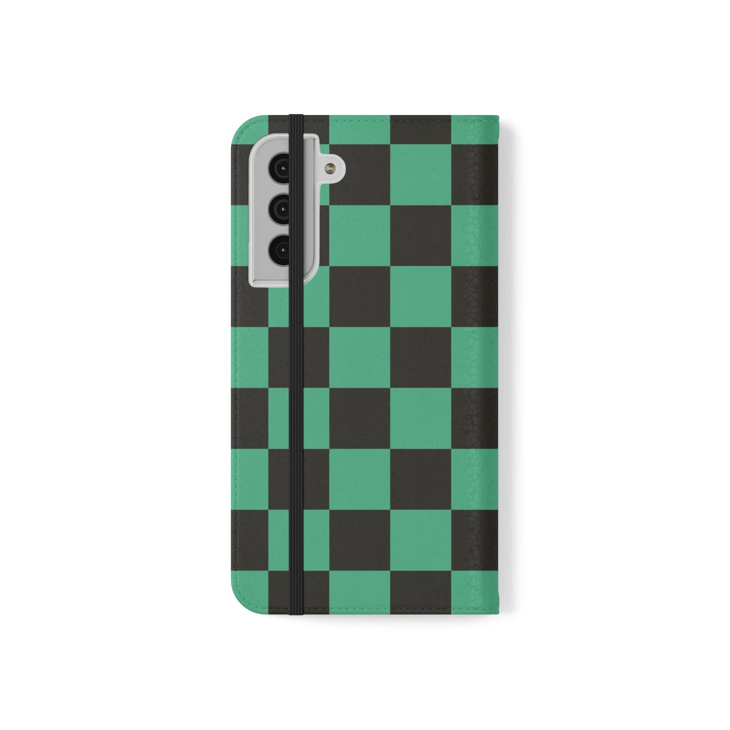 Tanjiro Chequered Flip Phone Case — Black and Green Chequered Wallet Cover