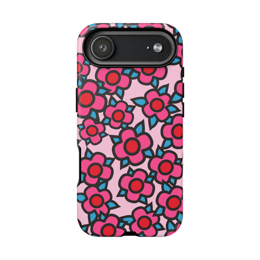 Floral Pink Tough Phone Case — Retro Red & Teal Flower Pattern