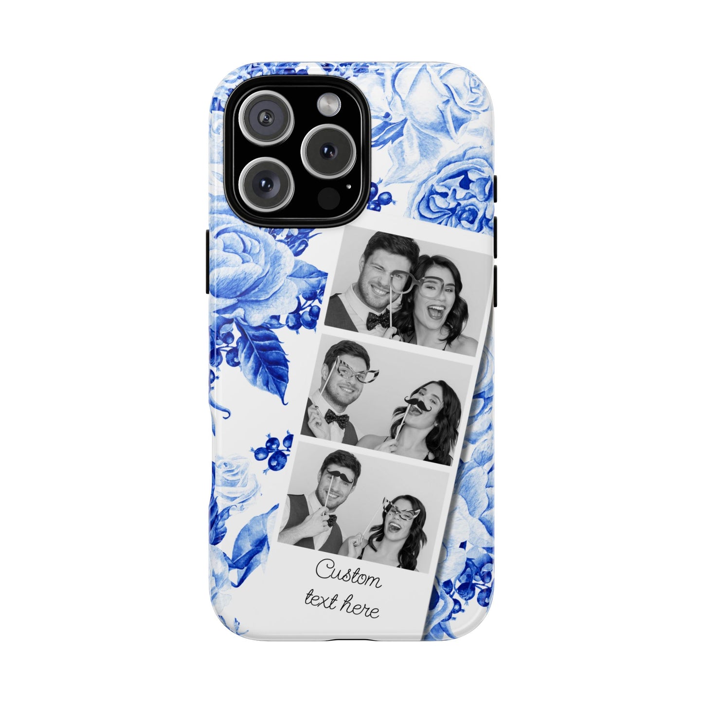 Three Photo Personalised Blue Floral Image Strip Custom Phone Case