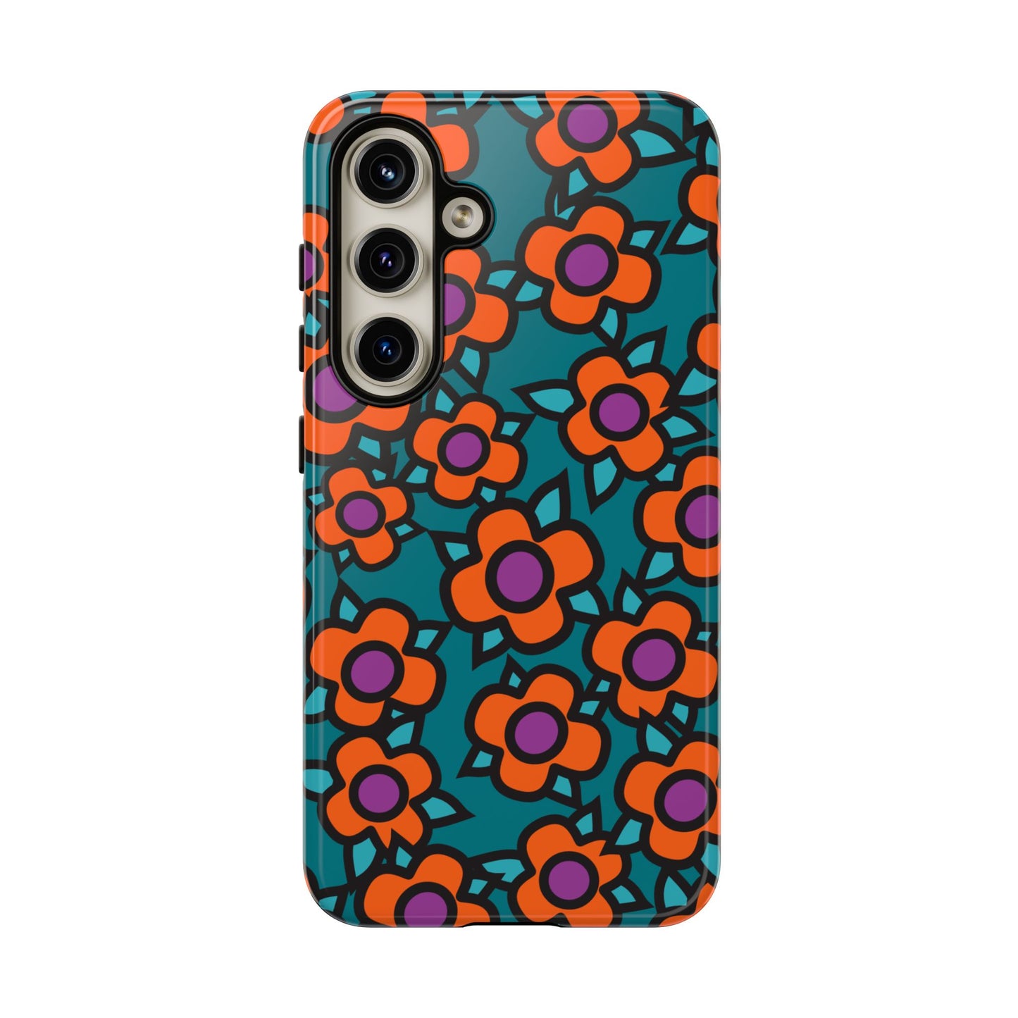 Floral Pop Tough Phone Case — Retro Orange & Teal Flower Pattern