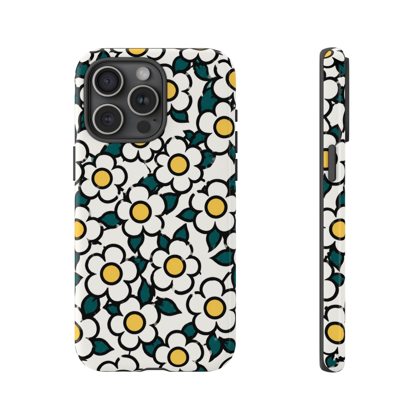 Floral Daisy Tough Phone Case — Retro White & Yellow Protective Cover