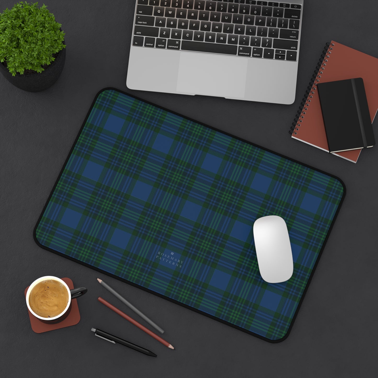 Plaid desk mat in blue green tartan, stylish computer desk mat for home office, anti-slip, hemmed edges