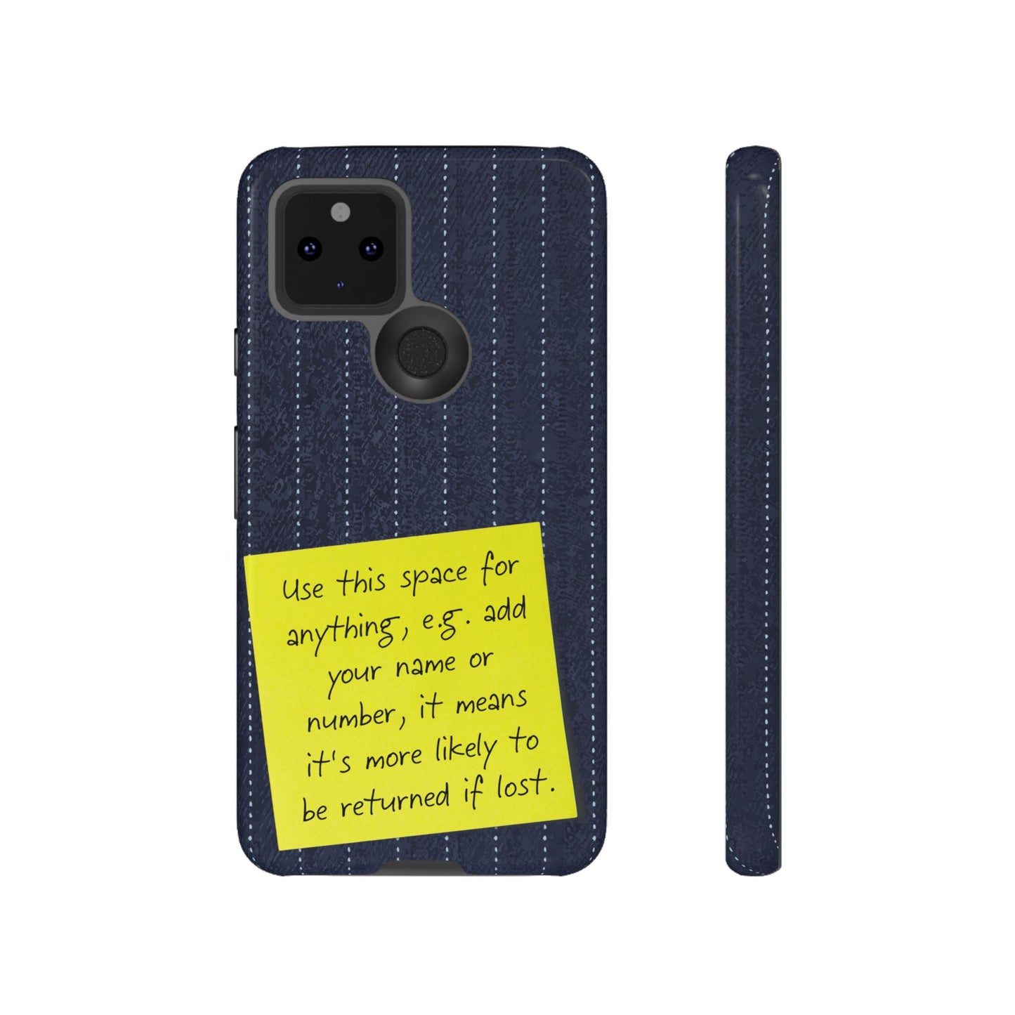 Navy Pinstripe Design with Yellow Sticky Note Personalised Tough Phone Case for Apple iPhone, Samsung Galaxy and Google Pixel.