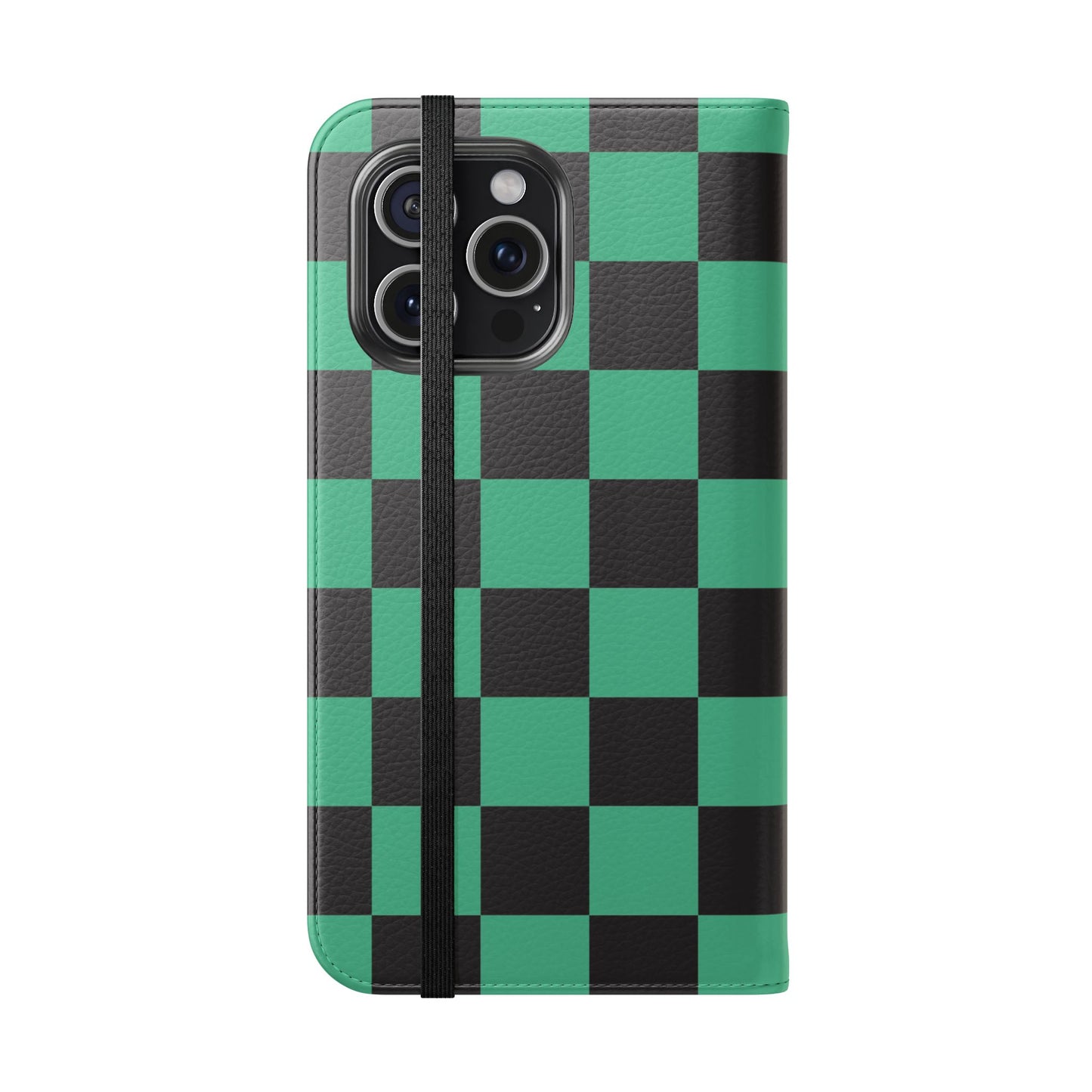 Tanjiro Chequered Flip Phone Case — Black and Green Chequered Wallet Cover