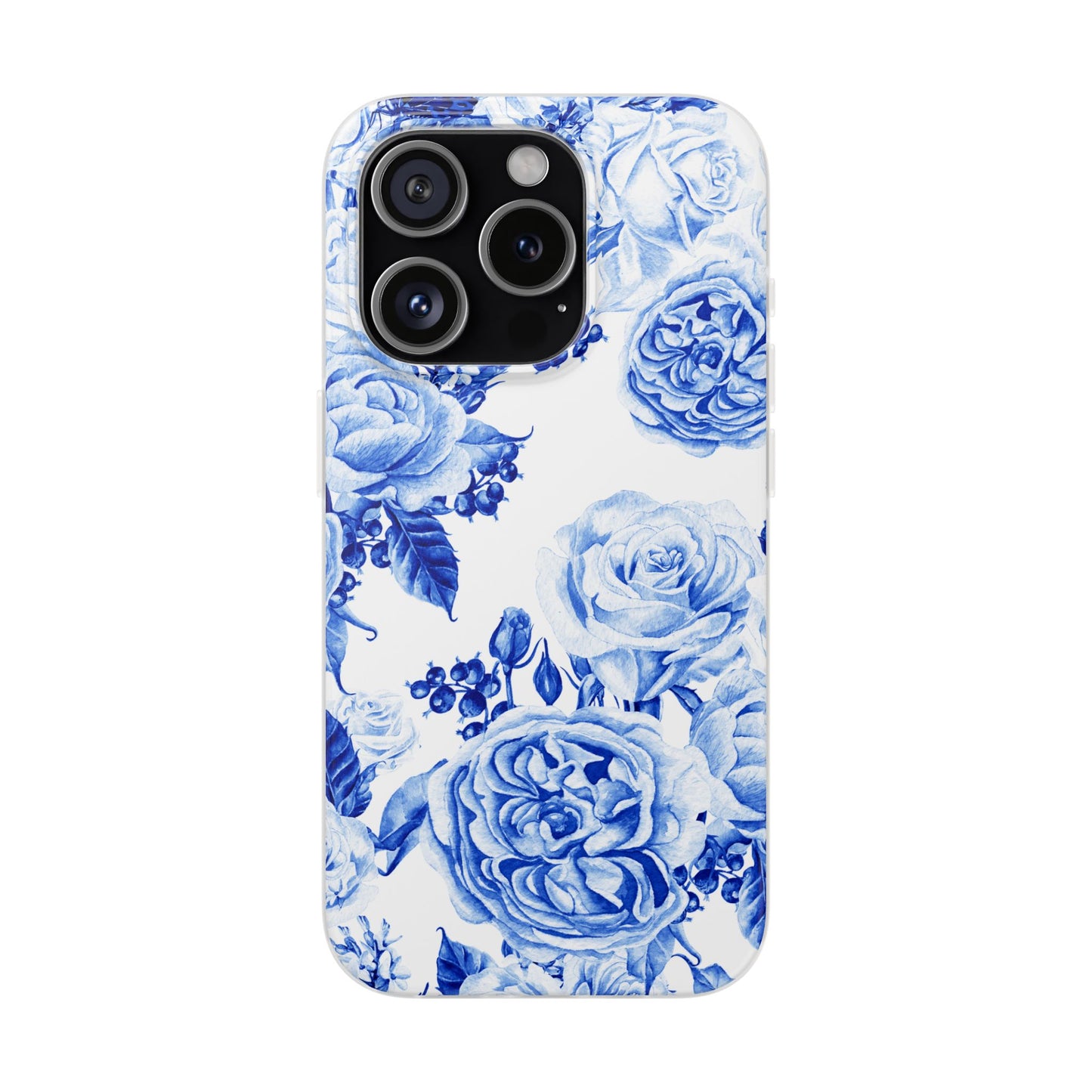 Blue Floral Phone Case — Hand-Painted Rose Pattern Flexi Case for Apple iPhone, Samsung Galaxy and Google Pixel.