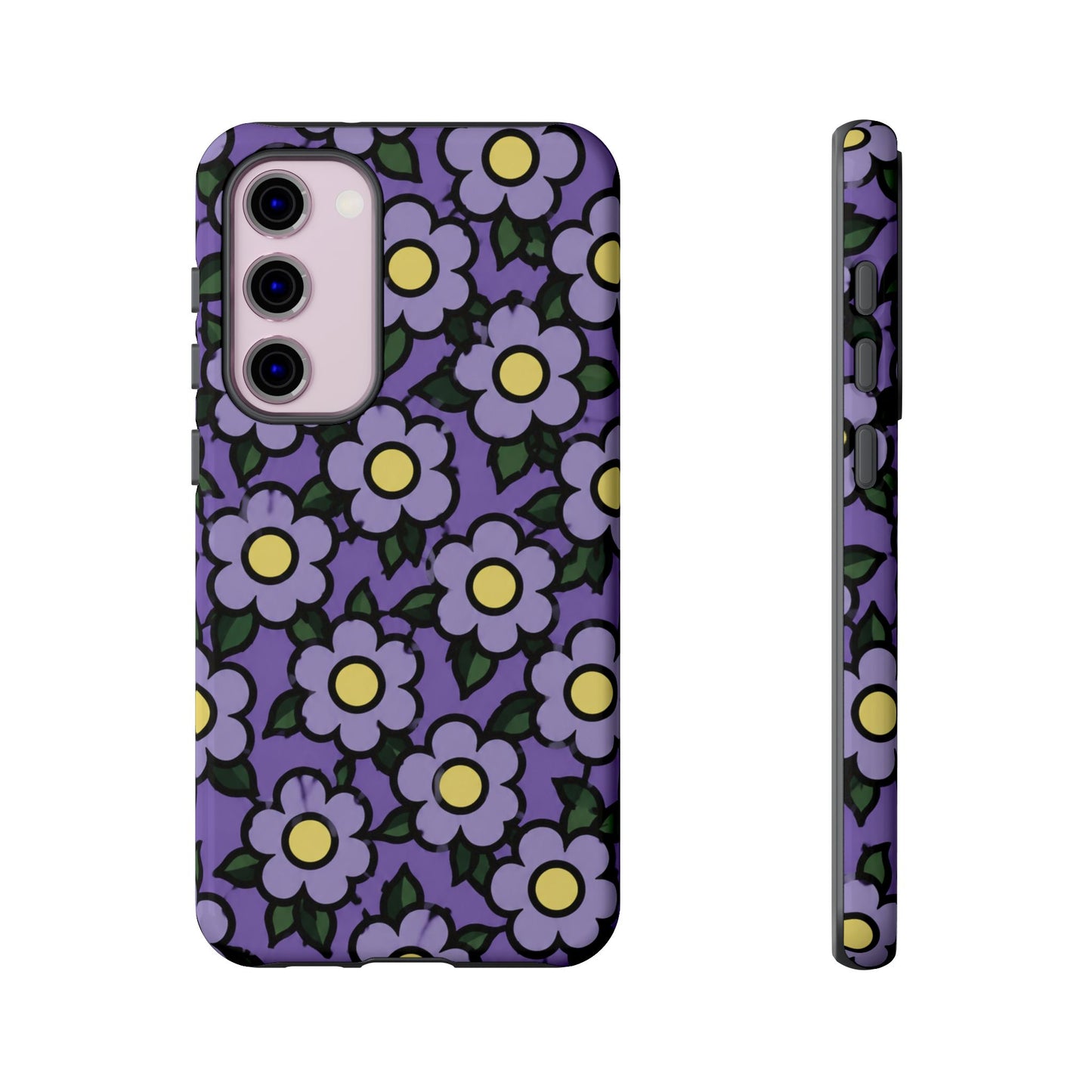 Purple Floral Tough Phone Case — Durable Protective Phone Cover with Cute Daisy Pattern