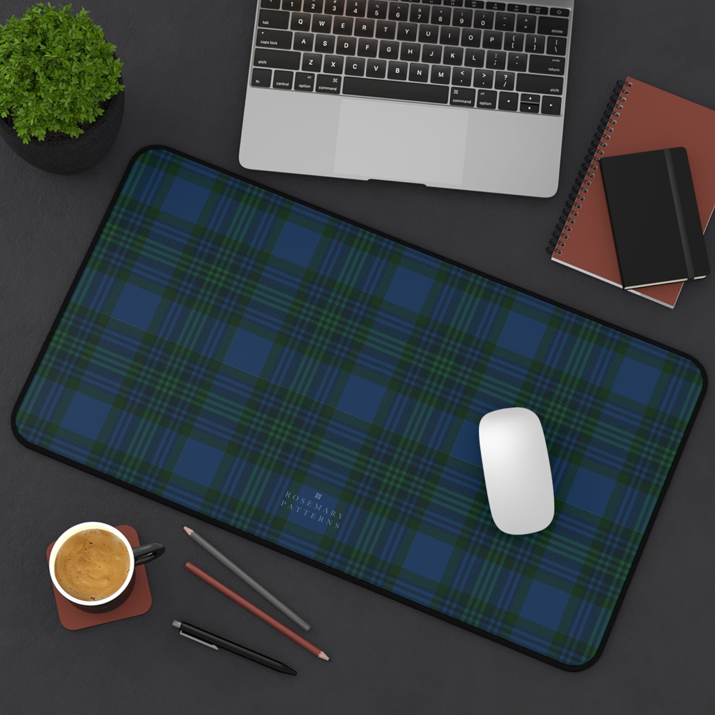 Plaid desk mat in blue green tartan, stylish computer desk mat for home office, anti-slip, hemmed edges