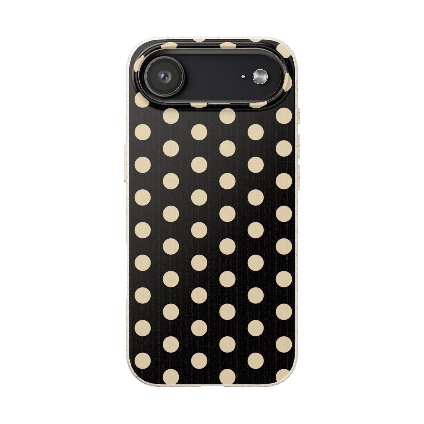 Eco-Friendly Black & Cream Polka Dot Pattern Biodegradable Phone Case for Apple iPhone and Samsung Galaxy.
