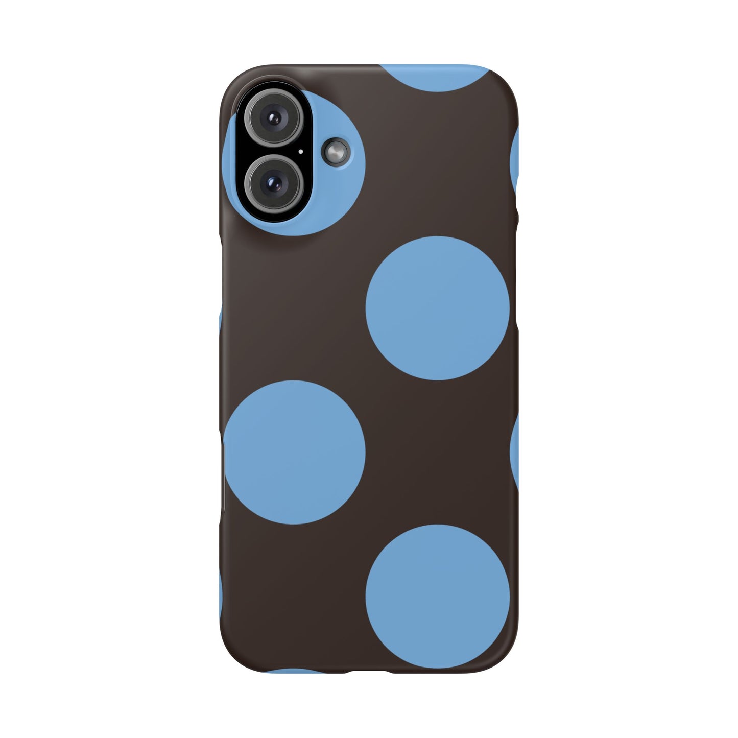 Matte Black with Large Sky Blue Polka Dots Slim Phone Case for Apple iPhone, Samsung Galaxy and Google Pixel.