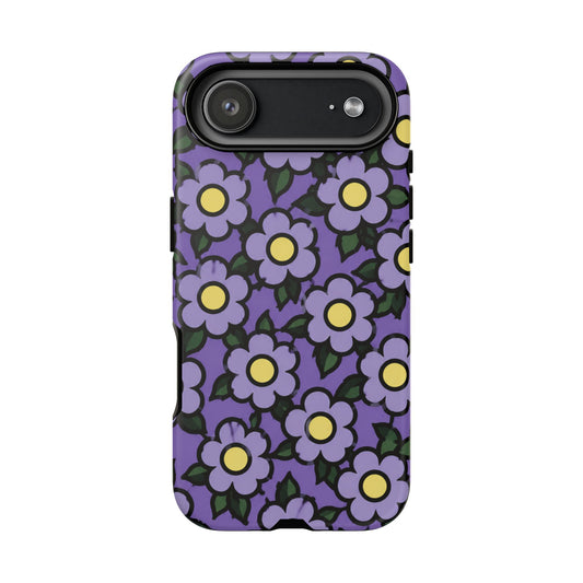 Purple Floral Tough Phone Case — Durable Protective Phone Cover with Cute Daisy Pattern