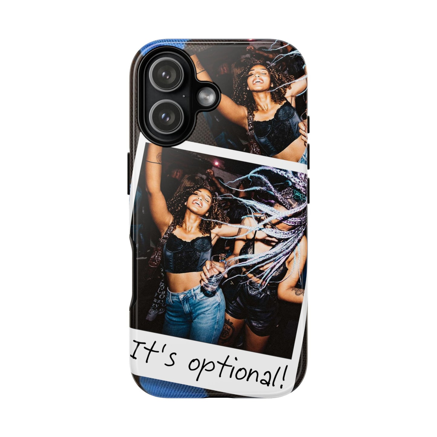 Two Image Personalised Polaroid Photo on Blue Polka Dot Protective Tough Case for Apple iPhone, Samsung Galaxy and Google Pixel.