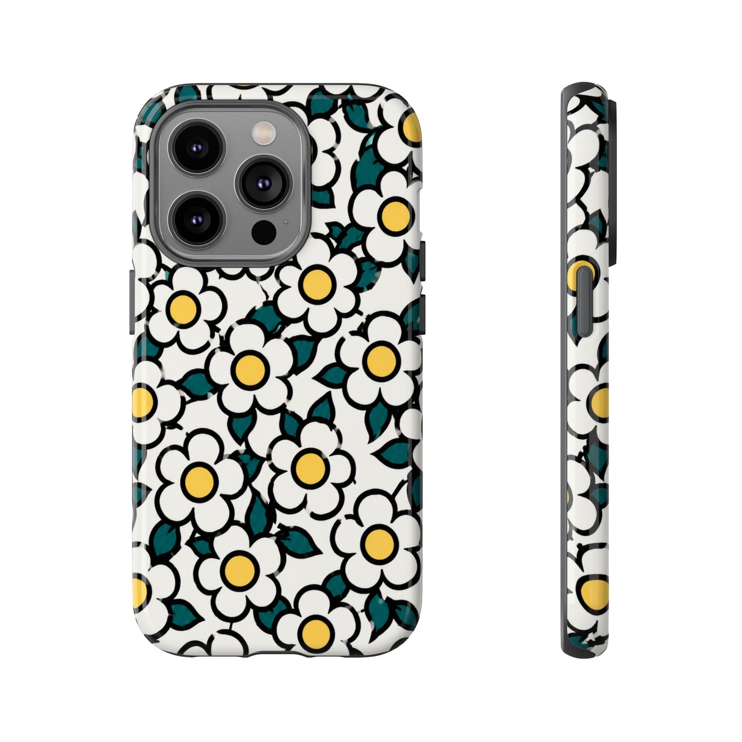 Floral Daisy Tough Phone Case — Retro White & Yellow Protective Cover