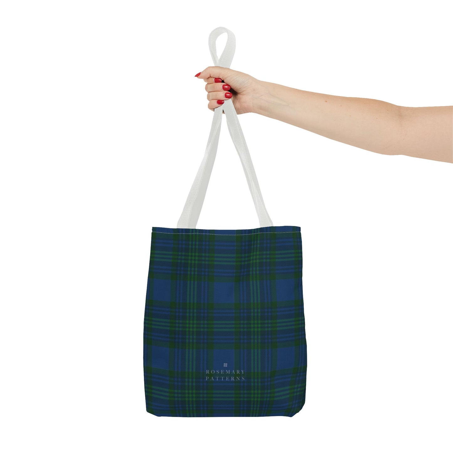 Tartan plaid tote bag in blue and green, eco friendly reusable market tote with Scottish pattern, cotton handles