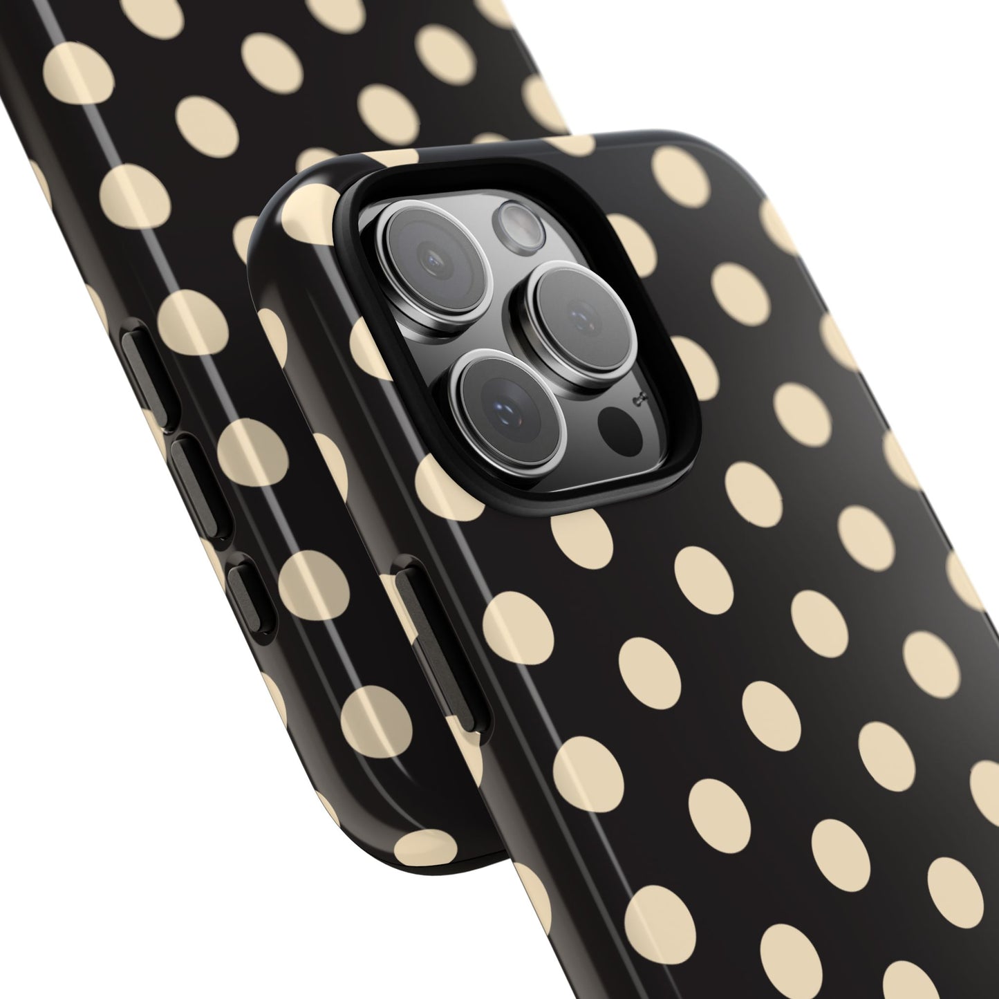 Polka Dot Tough Phone Case — Black with Cream Dots, Protective Slim Phone Cover