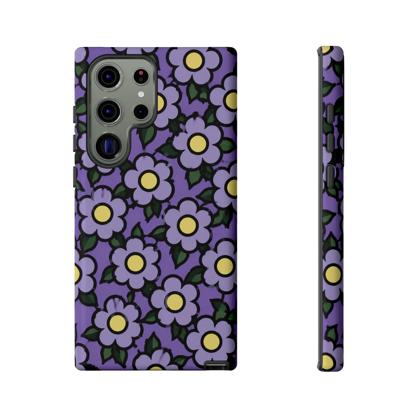 Purple Floral Tough Phone Case — Durable Protective Phone Cover with Cute Daisy Pattern