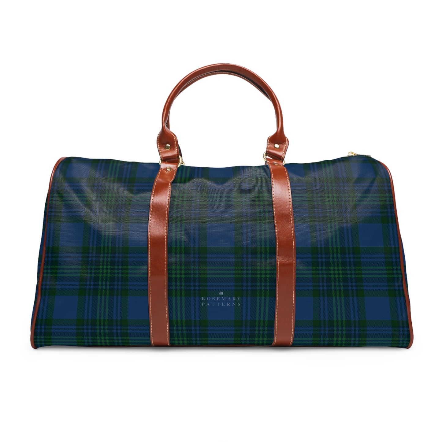 Tartan weekender bag with brown leather handles, waterproof duffel, perfect as a stylish airport carryon