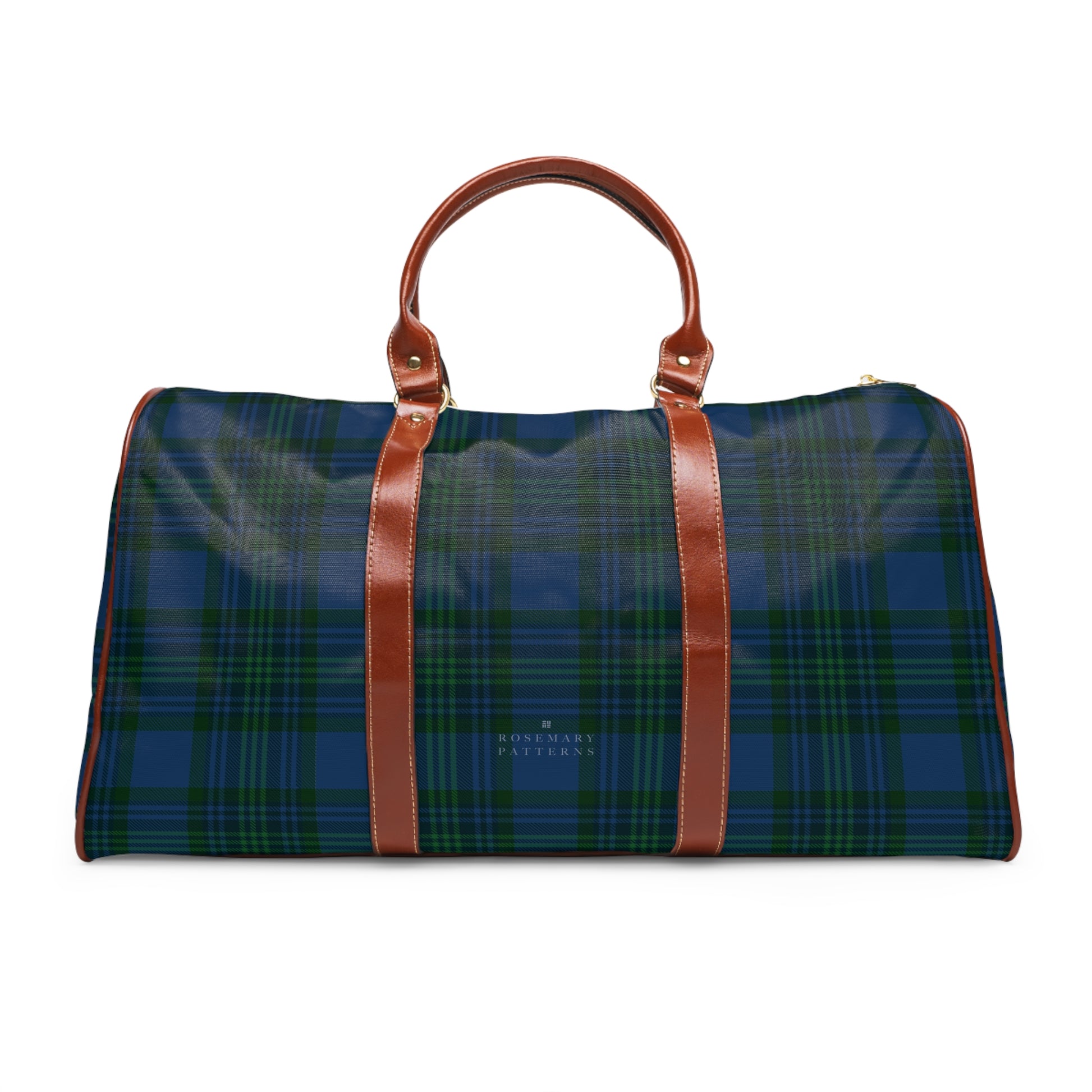 Tartan weekender bag with brown leather handles, waterproof duffel, perfect as a stylish airport carryon