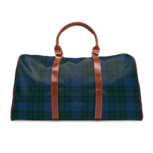 Tartan weekender bag with brown leather handles, waterproof duffel, perfect as a stylish airport carryon
