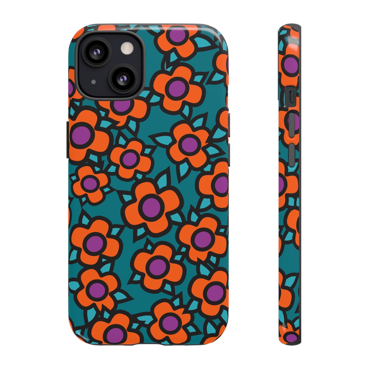 Floral Pop Tough Phone Case — Retro Orange & Teal Flower Pattern