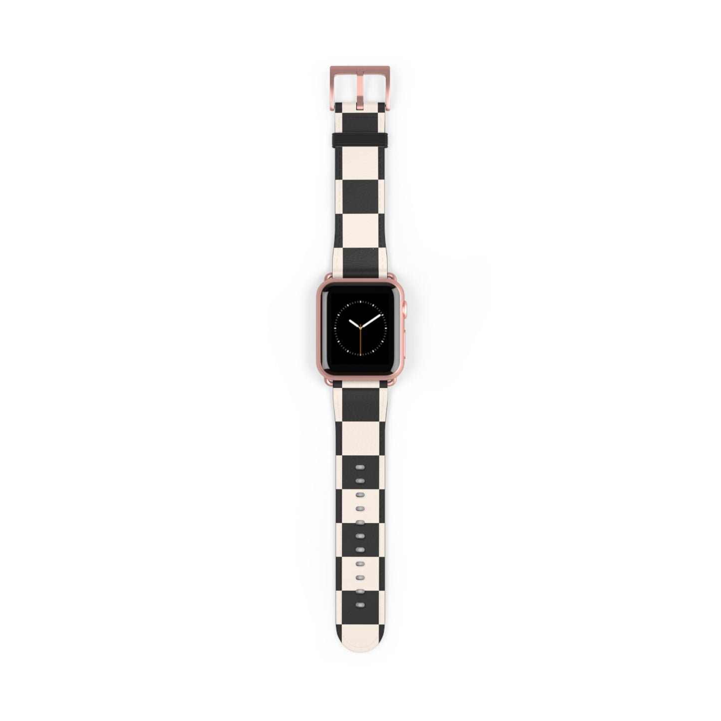 Apple Watch band in black and ivory chequered faux-leather, classic accessory for men and women, stainless steel buckle