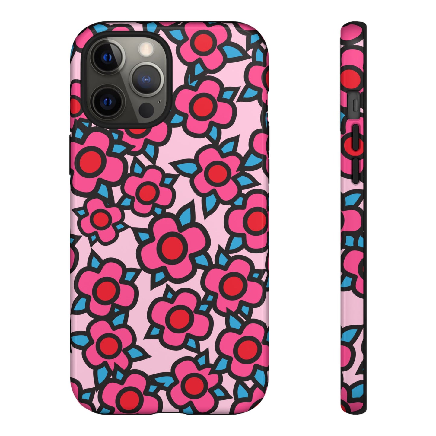 Floral Pink Tough Phone Case — Retro Red & Teal Flower Pattern