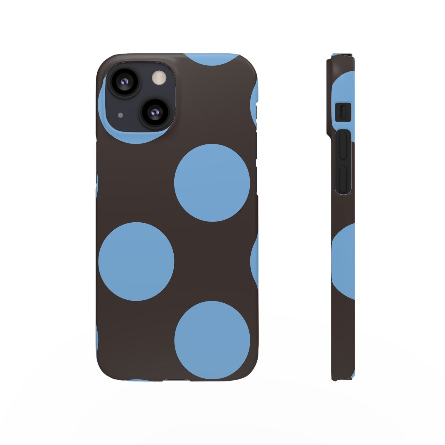 Matte Black with Large Sky Blue Polka Dots Slim Phone Case for Apple iPhone, Samsung Galaxy and Google Pixel.
