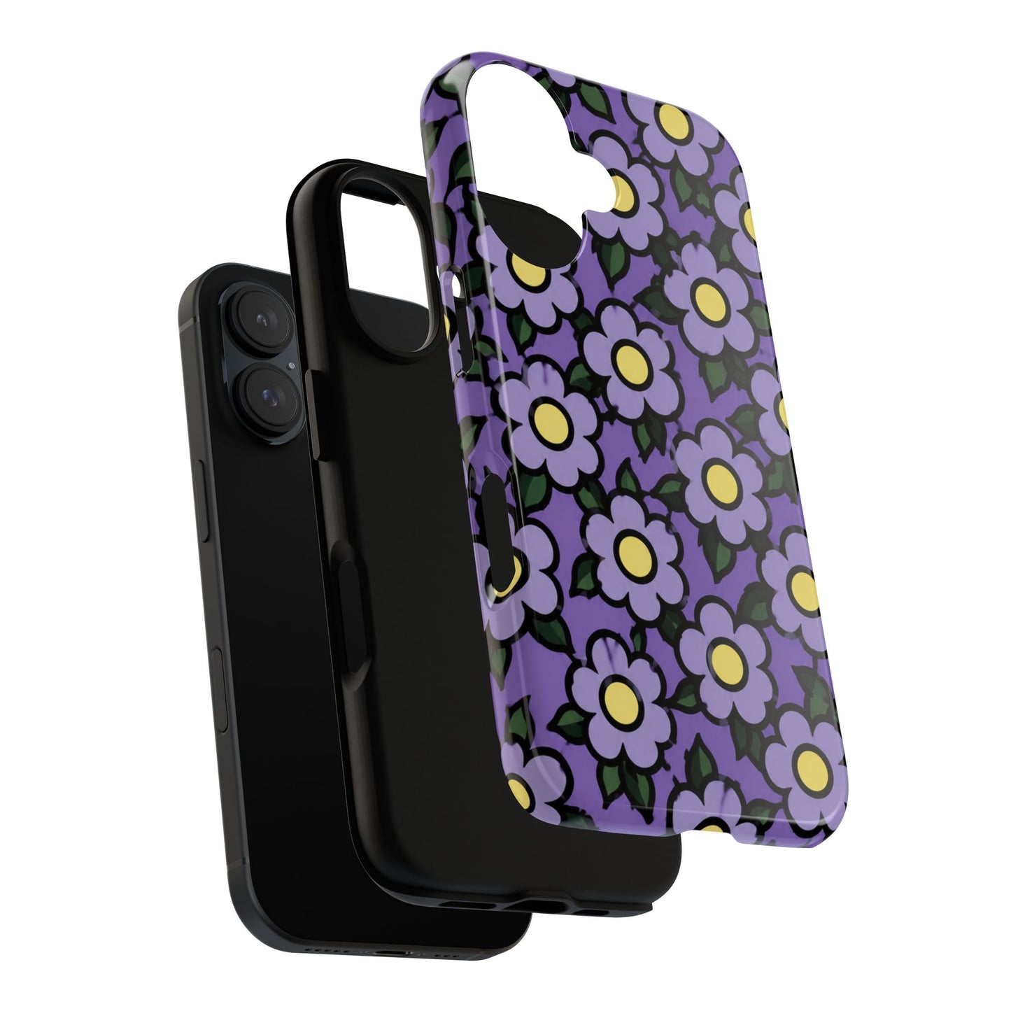 Purple Floral Tough Phone Case — Durable Protective Phone Cover with Cute Daisy Pattern