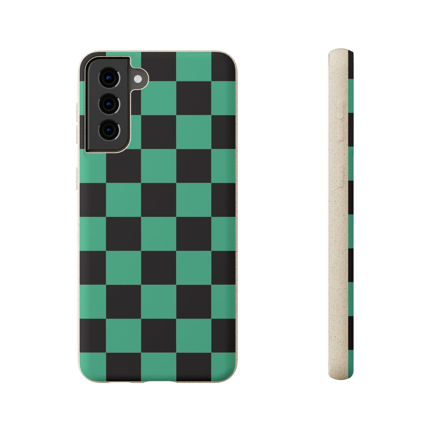 Biodegradable Checkerboard Phone Case — Green & Black Tanjiro Eco Smartphone Cover for Apple iPhone and Samsung Galaxy.