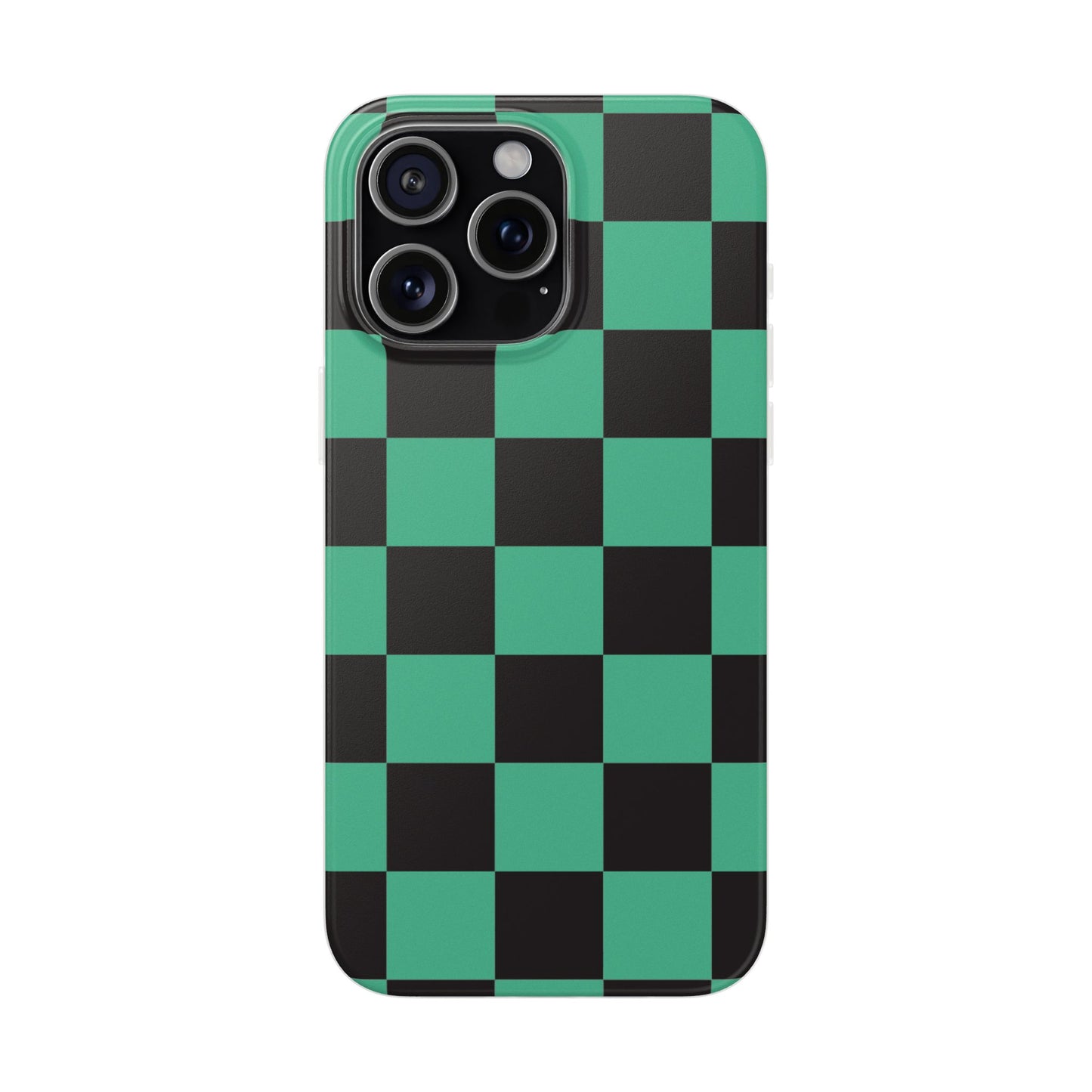 Tanjiro Checkerboard Green and Black Flexi Phone Case for Apple iPhone and Samsung Galaxy.