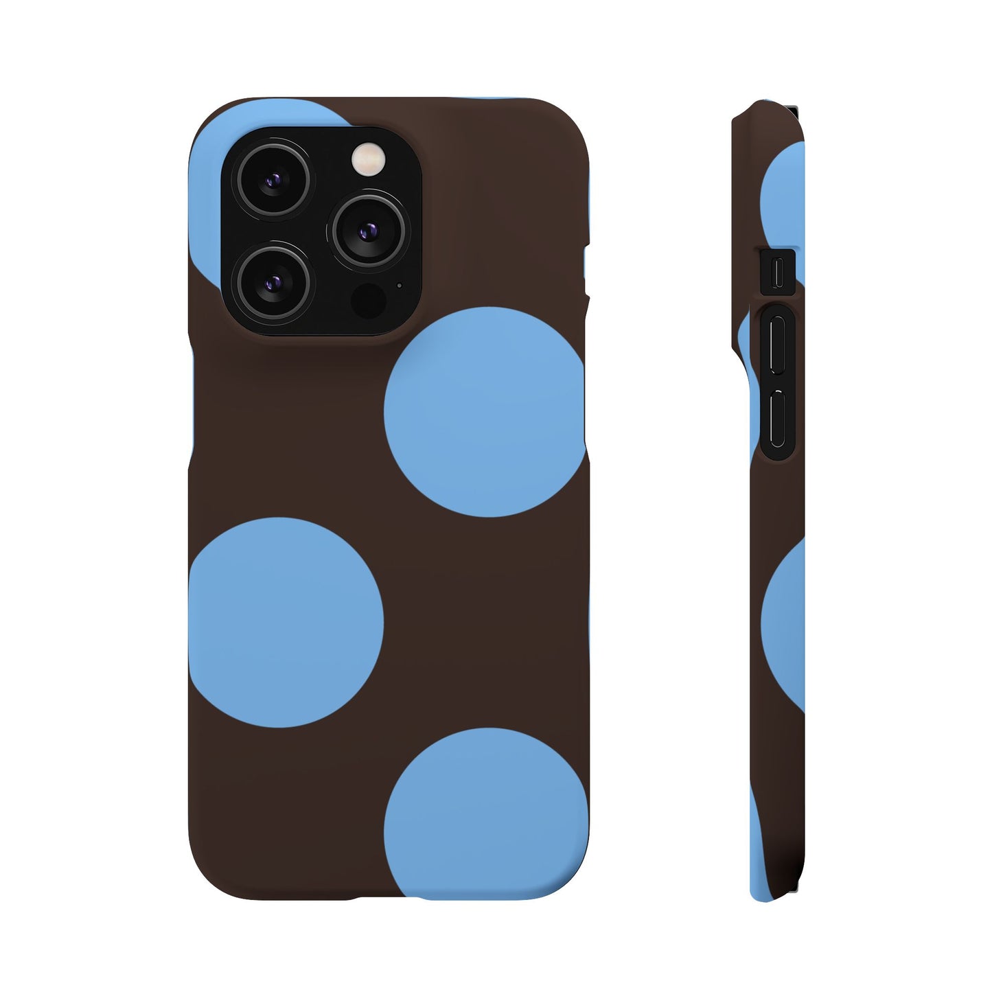 Matte Black with Large Sky Blue Polka Dots Slim Phone Case for Apple iPhone, Samsung Galaxy and Google Pixel.