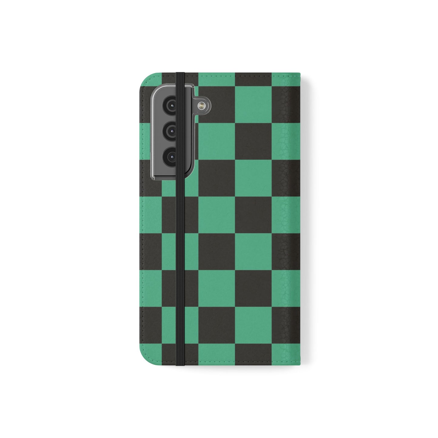 Tanjiro Chequered Flip Phone Case — Black and Green Chequered Wallet Cover