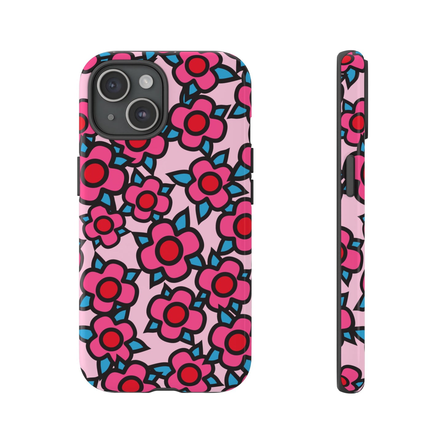 Floral Pink Tough Phone Case — Retro Red & Teal Flower Pattern