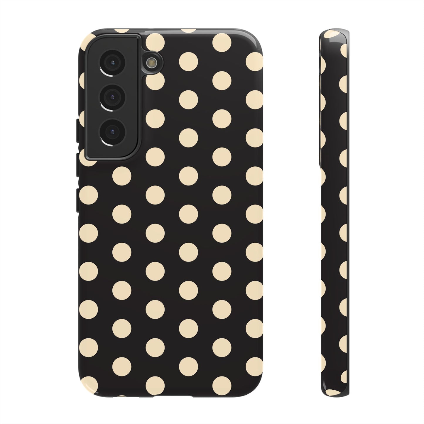 Polka Dot Tough Phone Case — Black with Cream Dots, Protective Slim Phone Cover