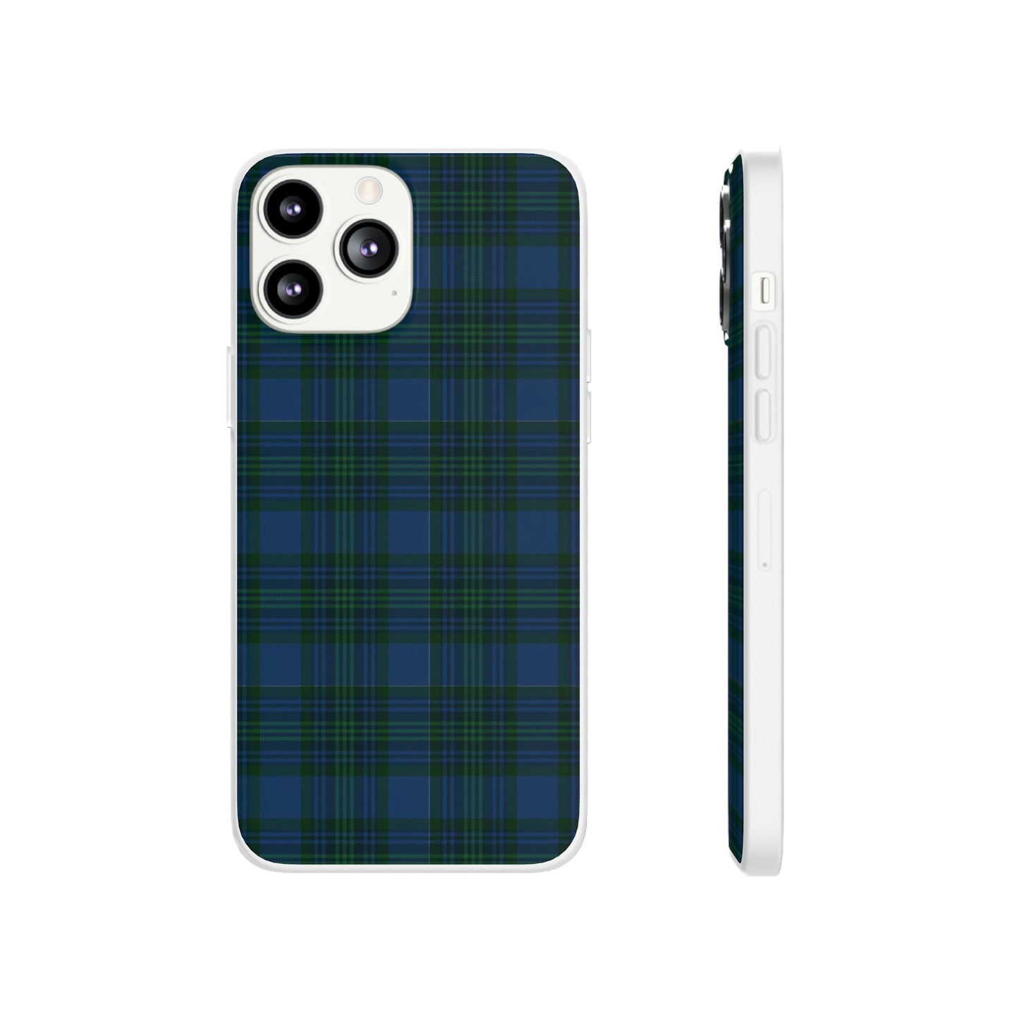 Navy green tartan phone case with flexible plaid design, slim shock-absorbing TPU, semi-transparent matte finish