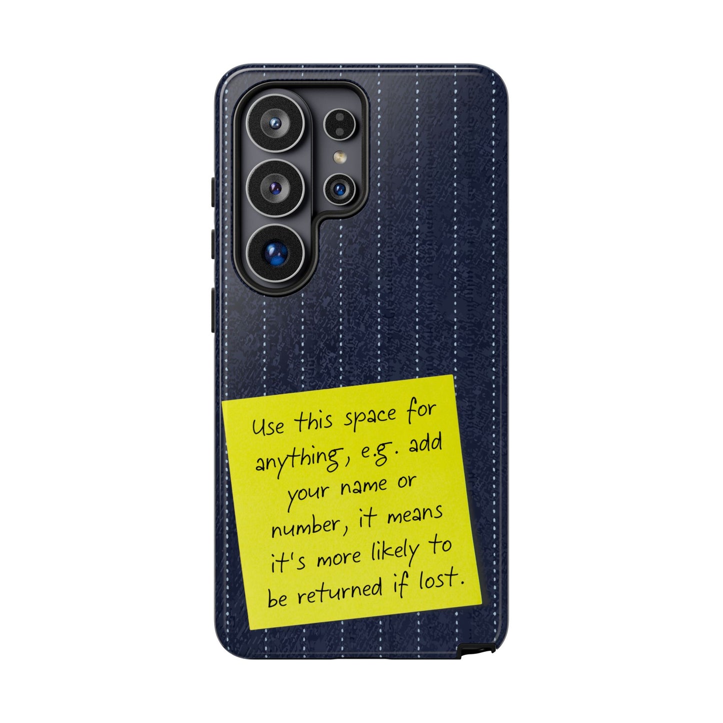 Navy Pinstripe Design with Yellow Sticky Note Personalised Tough Phone Case for Apple iPhone, Samsung Galaxy and Google Pixel.