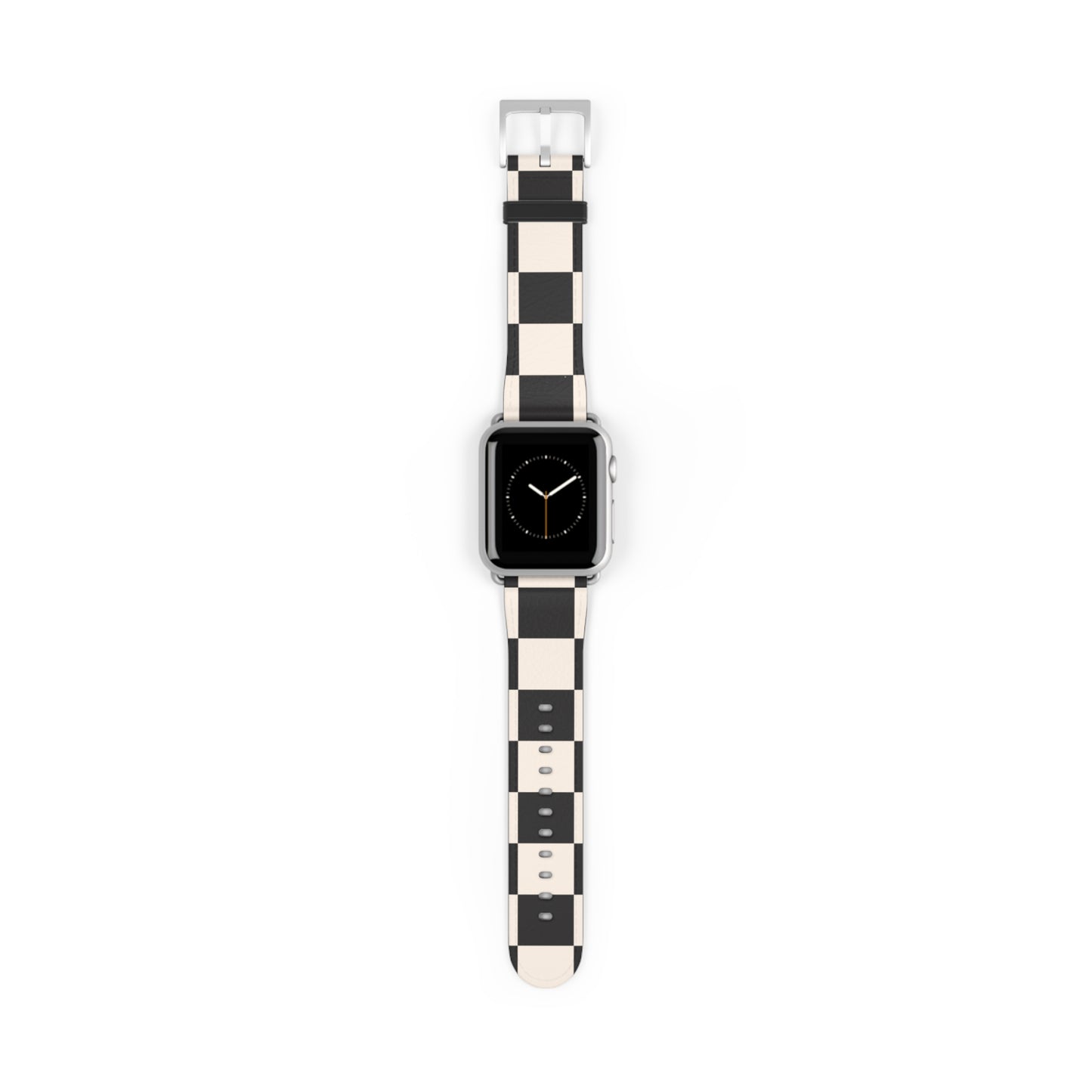Apple Watch band in black and ivory chequered faux-leather, classic accessory for men and women, stainless steel buckle